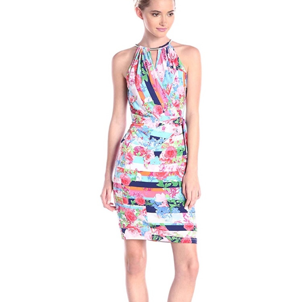 Necklace-detail faux wrap dress